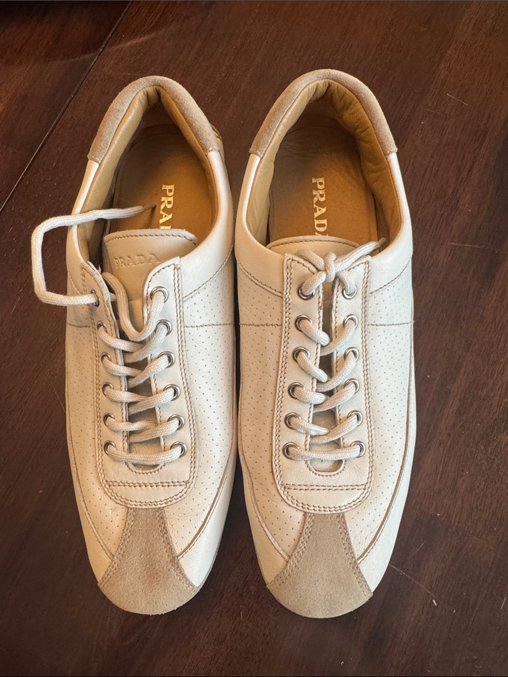Prada Cream Leather and Suede Lace-Up Sneakers